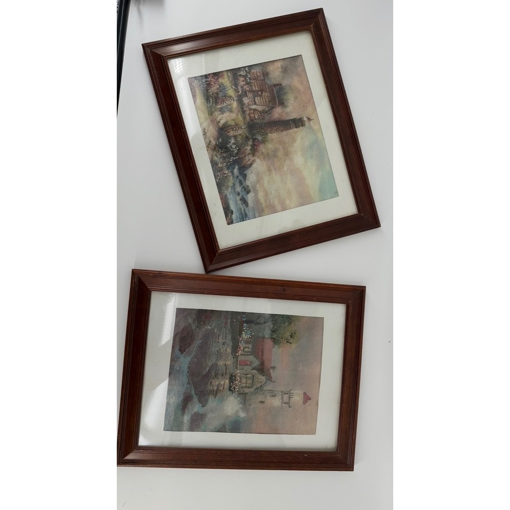 Framed Needlepoint Art Set 2 Lighthouse Cottage Coastal 10x13